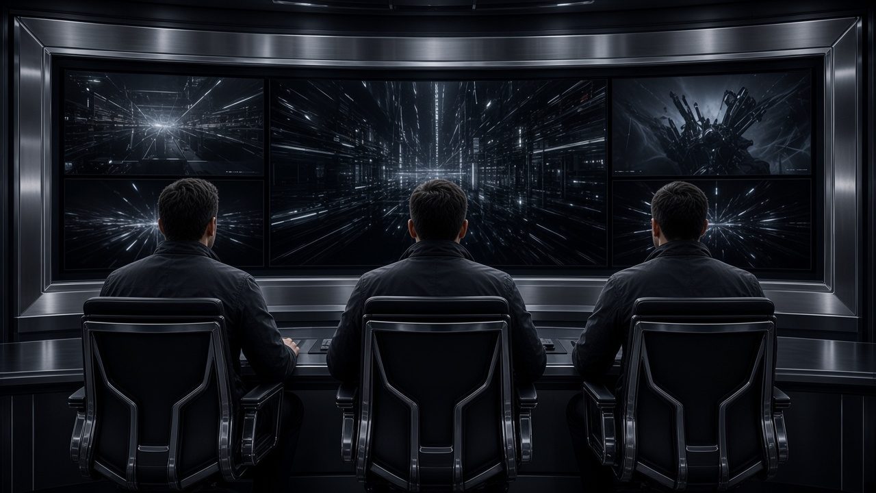 Three operators training at a chrome-framed wall of camera views