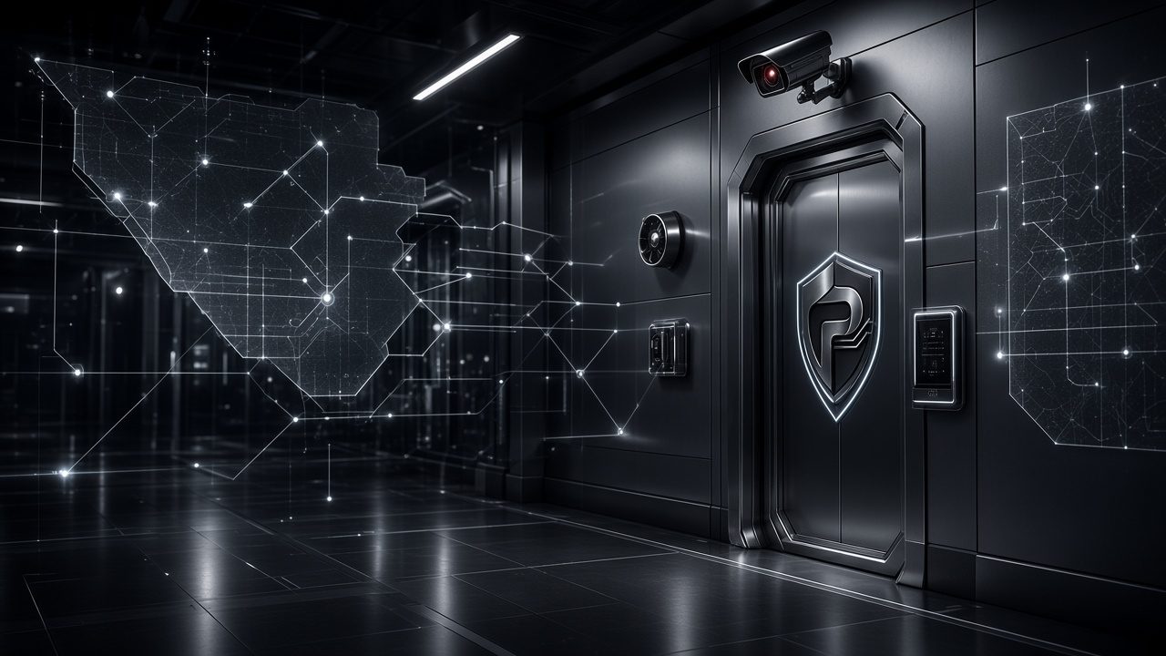 A secured doorway with cameras and a silver map of connected devices