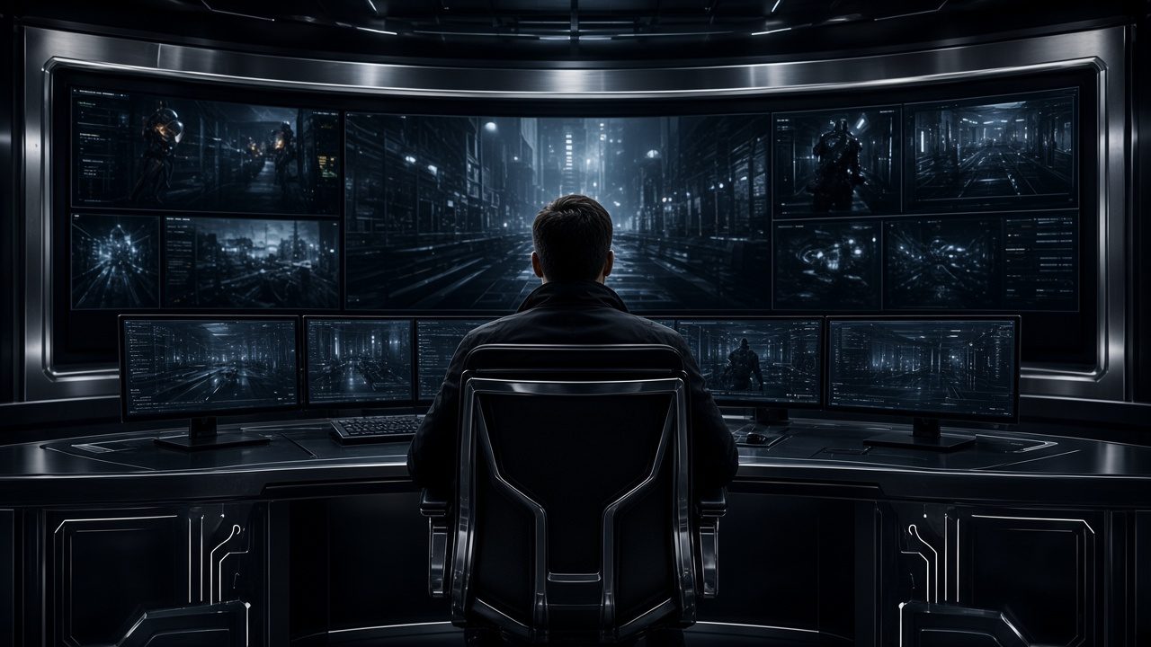 A dark command room facing a wall of live camera views